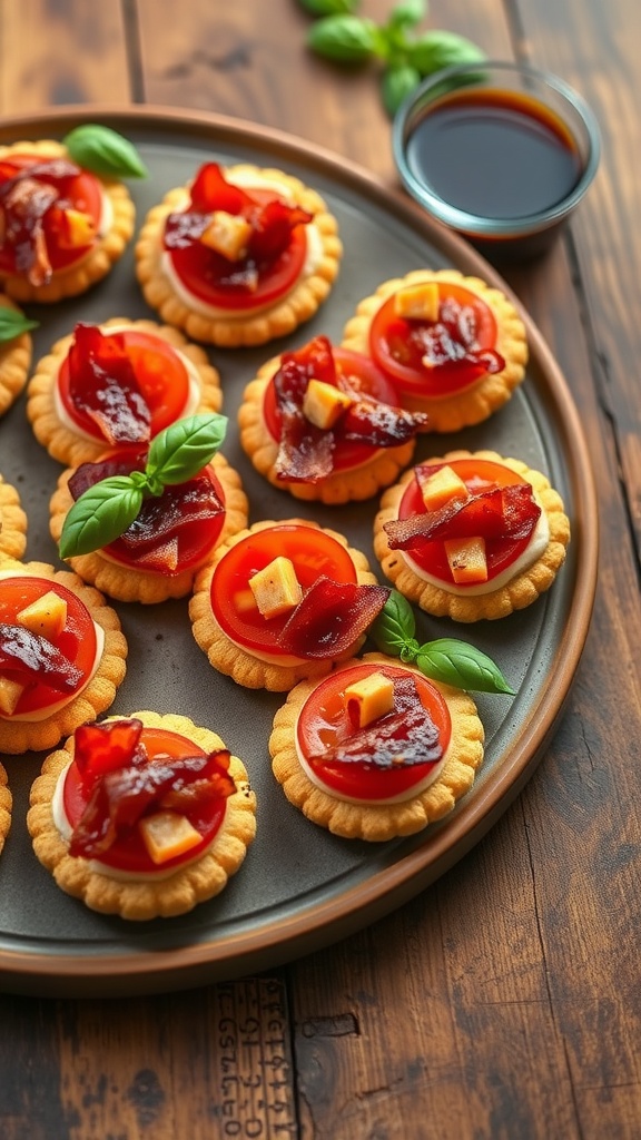 Savory crackers topped with candied bacon and fresh tomato, garnished with basil leaves on a rustic wooden table.